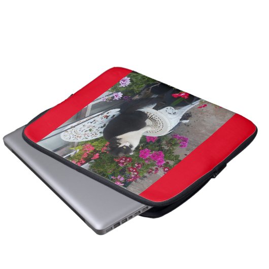 Tuxedo Cat Cute  Flowers Katten Birthday Card Laptop Sleeve (Voorkant onderkant)