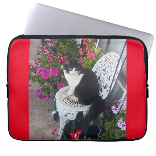 Tuxedo Cat Cute  Flowers Katten Birthday Card Laptop Sleeve (Voorkant)