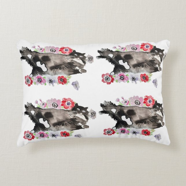Tuxedo Cat Cute  Flowers Katten Waterverf Accent Kussen (Voorkant)