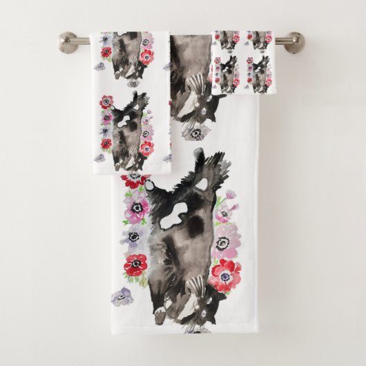 Tuxedo Cat Cute  Flowers Katten Waterverf Bad Handdoek (Insitu)
