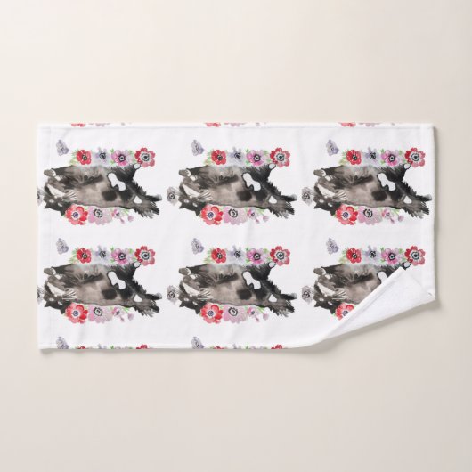 Tuxedo Cat Cute  Flowers Katten Waterverf Bad Handdoek (Handdoek)