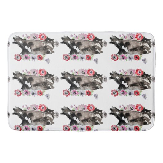 Tuxedo Cat Cute Flowers Katten Waterverf Badmat (Voorkant)