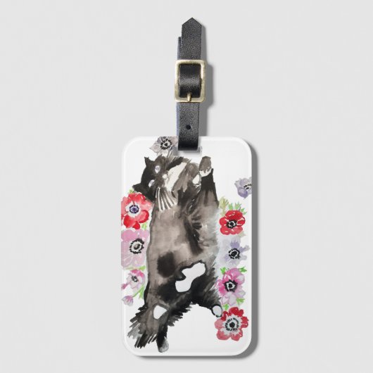 Tuxedo Cat Cute  Flowers Katten Waterverf Bagagelabel (Voorkant (verticaal))