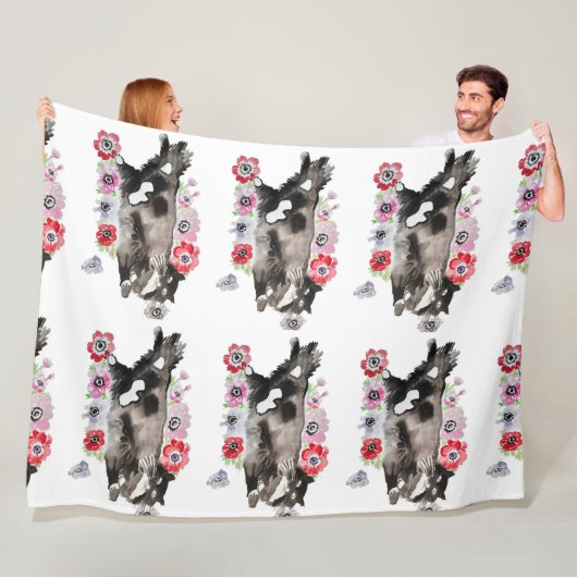 Tuxedo Cat Cute Flowers Katten Waterverf Fle Fleece Deken (In situ)