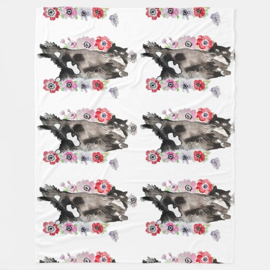 Tuxedo Cat Cute  Flowers Katten Waterverf Fle Fleece Deken (Voorkant)