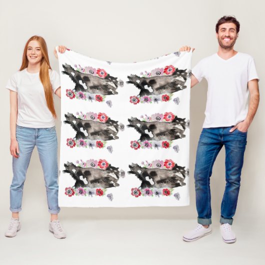 Tuxedo Cat Cute  Flowers Katten Waterverf Fleece Deken (In situ)