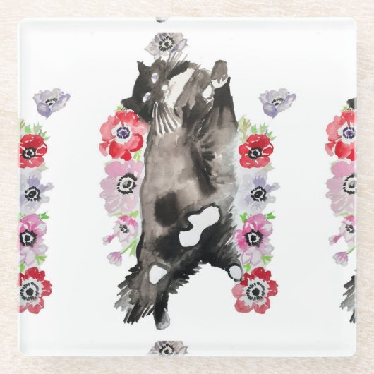 Tuxedo Cat Cute  Flowers Katten Waterverf Glazen Onderzetter (Voorkant)
