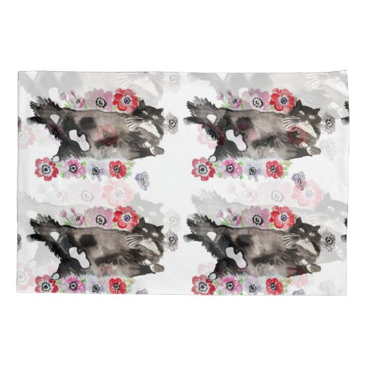Tuxedo Cat Cute  Flowers Katten Waterverf Kussensloop (Achterkant)