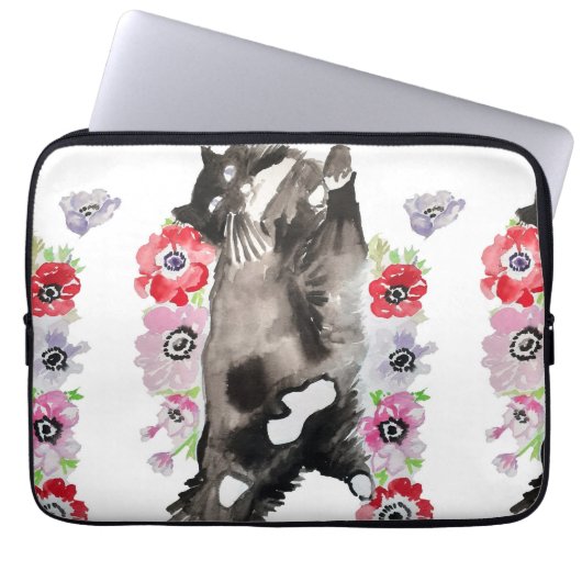 Tuxedo Cat Cute  Flowers Katten Waterverf Laptop Sleeve (Voorkant)