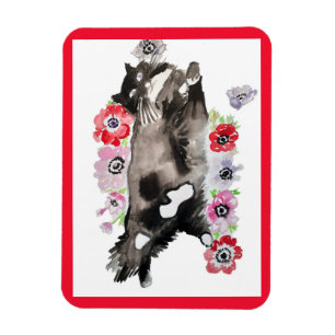Tuxedo Cat Cute  Flowers Katten Waterverf Magneet