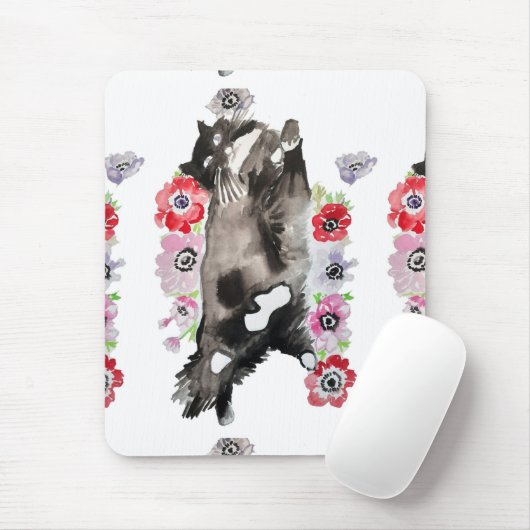 Tuxedo Cat Cute  Flowers Katten Waterverf Muismat (Met muis)