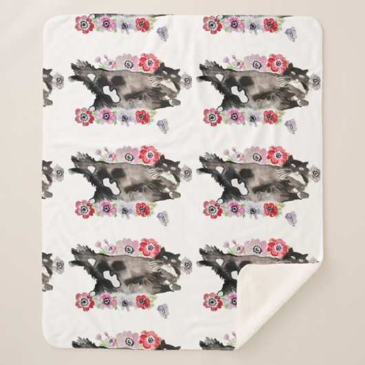 Tuxedo Cat Cute  Flowers Katten Waterverf Sherpa Deken (Voorkant)
