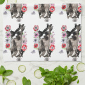 Tuxedo Cat Cute  Flowers Katten Waterverf Theedoek (Gevouwen)