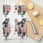 Tuxedo Cat Cute  Flowers Katten Waterverf Theedoek (Quarter Fold)