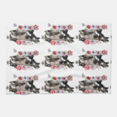 Tuxedo Cat Cute  Flowers Katten Waterverf Theedoek (Horizontaal)