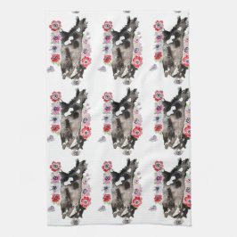 Tuxedo Cat Cute  Flowers Katten Waterverf Theedoek