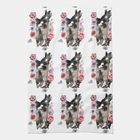 Tuxedo Cat Cute  Flowers Katten Waterverf Theedoek (Verticaal)