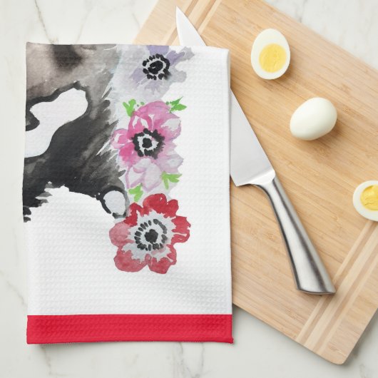 Tuxedo Cat Cute  Flowers Katten Waterverf Theedoek (Quarter Fold)