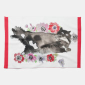 Tuxedo Cat Cute  Flowers Katten Waterverf Theedoek (Horizontaal)