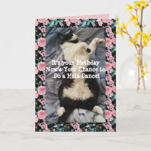 Tuxedo Cat Cute Funny Doing a Hula Dance Cats Card Kaart (Gele Bloem)