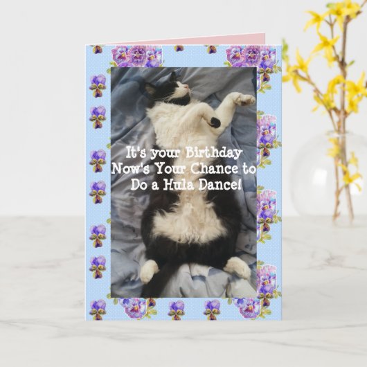 Tuxedo Cat Cute Funny Doing a Hula Dance Cats Card Kaart (Gele Bloem)