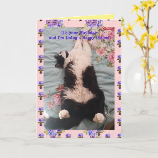 Tuxedo Cat Cute Funny Happy Dance Cats Viola Card Kaart (Gele Bloem)