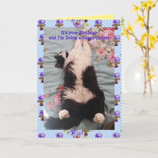 Tuxedo Cat Cute Funny Happy Dance Cats Viola Card Kaart (Gele Bloem)