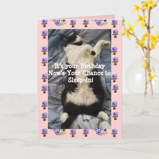 Tuxedo Cat Cute Funny Slapen Viola Card Kaart (Gele Bloem)