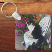Tuxedo Cat Cute met bloemen zwarte katten Sleutelhanger (Voorkant)