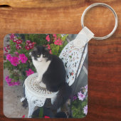 Tuxedo Cat Cute met bloemen zwarte katten Sleutelhanger (Achterkant)