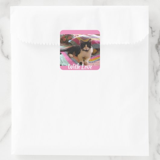 Tuxedo Cat Cute met Briefkaart met haakwerk Vierkante Sticker (Tas)