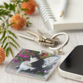 Tuxedo Cat Cute with Pretty Flowers Black Cats Sleutelhanger (Voorkant Rechts)