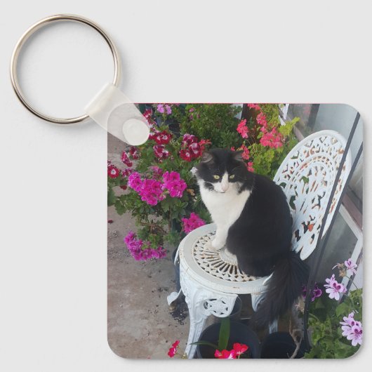 Tuxedo Cat Cute with Pretty Flowers Black Cats Sleutelhanger (Voorkant)