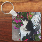 Tuxedo Cat Cute with Pretty Flowers Black Cats Sleutelhanger (Voorkant)