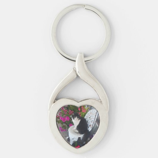 Tuxedo Cat Cute with Pretty Flowers Black Cats Sleutelhanger (Voorkant)