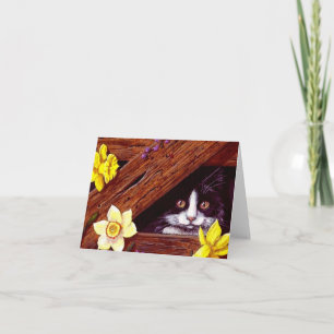 Tuxedo Cat Daffodils Art Creationarts Kaart