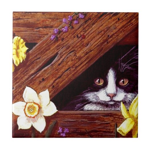 Tuxedo Cat Daffodils Art Creationarts Tegeltje (Voorkant)