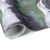 Tuxedo Cat die op sneeuw kijkt, oliepastel Cadeaupapier (Rol Hoek)
