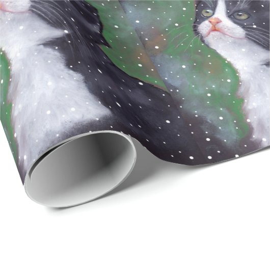 Tuxedo Cat die op sneeuw kijkt, oliepastel Cadeaupapier (Rol Hoek)