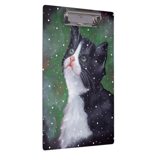 Tuxedo Cat die op sneeuw kijkt, oliepastel Klembord (Rechts)