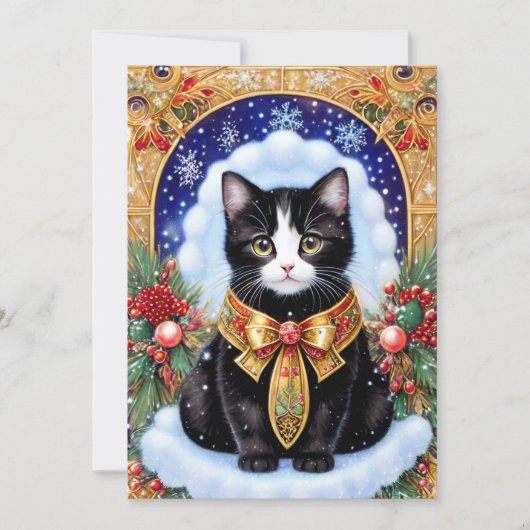 Tuxedo Cat Elegant Goud Lijst Vintage Kerstmis Feestdagenkaart (Voorkant)
