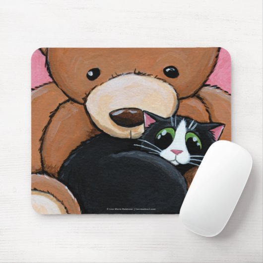 Tuxedo Cat en Big Teddy Bear | Kat Art Mousepad Muismat (Met muis)