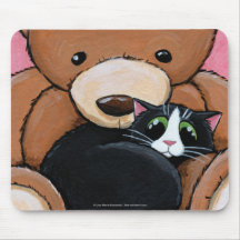 Tuxedo Cat en Big Teddy Bear | Kat Art Mousepad