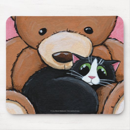 Tuxedo Cat en Big Teddy Bear | Kat Art Mousepad Muismat (Voorkant)