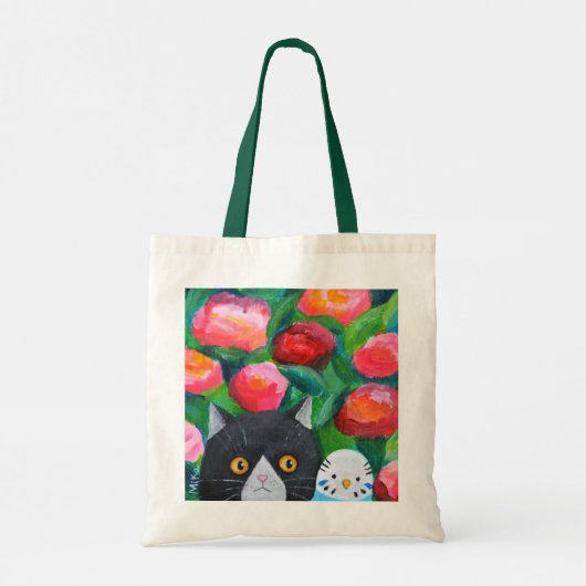 Tuxedo Cat en Blue Budgie Parakeet Grappig Schatti Tote Bag (Achterkant)