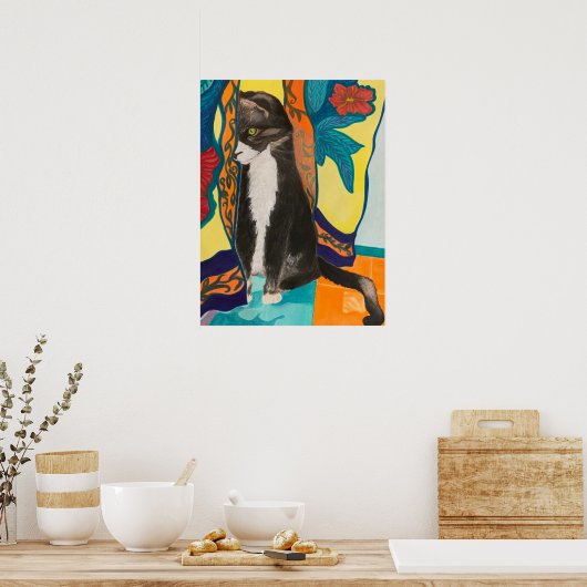 Tuxedo Cat en geborduurde gordijnen Poster (Keuken)