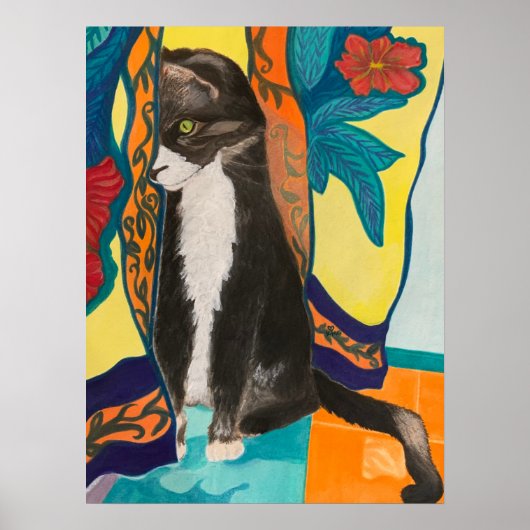 Tuxedo Cat en geborduurde gordijnen Poster (Voorkant)