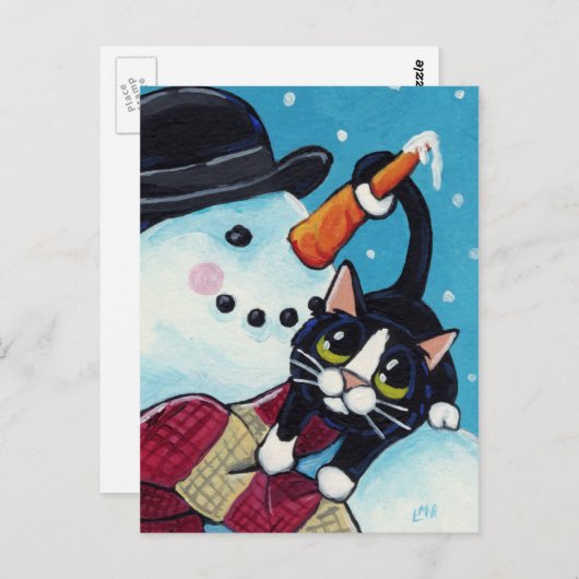 Tuxedo Cat en Gentleman Snowman Briefkaart (Voorkant / Achterkant)