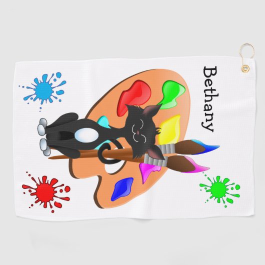 Tuxedo Cat en Paint Palette Golfhanddoek (Horizontaal)