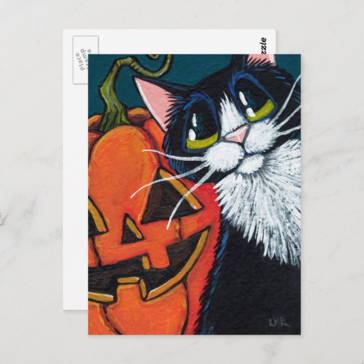Tuxedo Cat en Smilling Pumpkin Lantern Briefkaart (Voorkant / Achterkant)